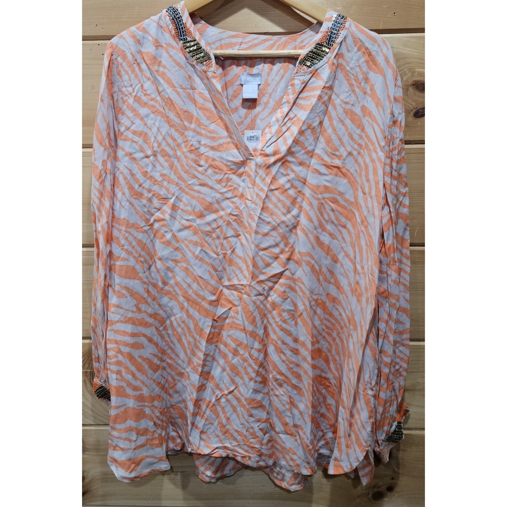 NWT Chico's Size 3 Zebra Craze‎ Tunic Top Orange Beaded Embellished Modal Boho